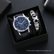 Leather Belt Quartz Wrist Watch Bracelet Set With Free Gift Box Sport Business Clock Calendar Chronograph Men Reloj Jewelry